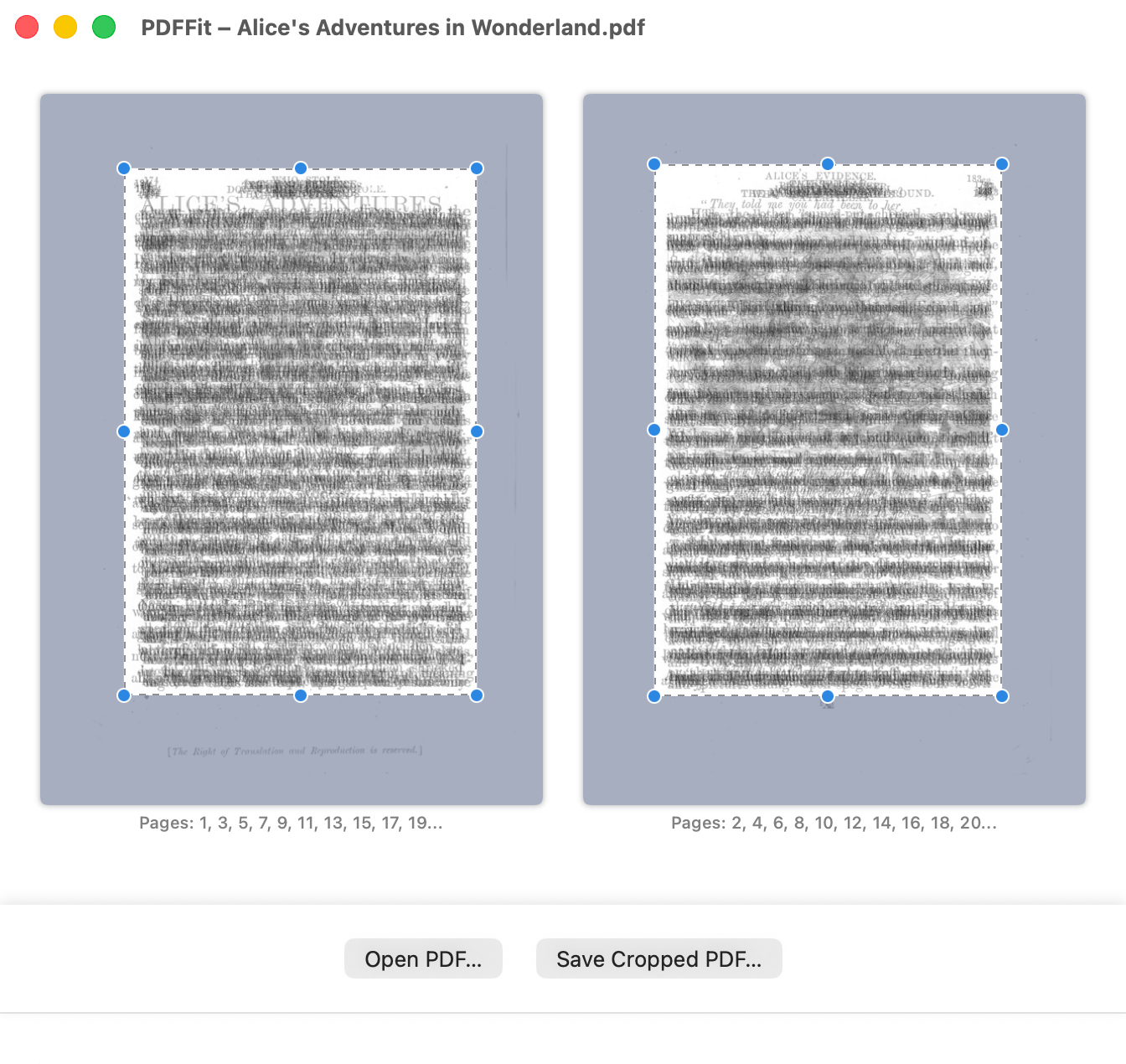 PDFFit application screenshot showing the PDF cropping interface
